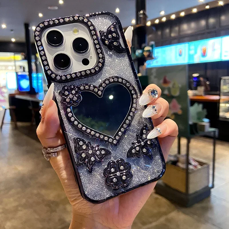Gradient Glitter Butterfly Case for iPhone 17 16 15 14 13 12 11 Pro Max Love Heart Make-up Mirror Diamond Lens Shockproof Cover