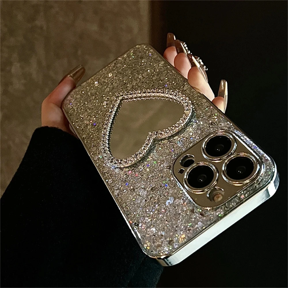 Luxury Bling Glitter Plating 3D Love Heart Mirror Sequins Case For iPhone 17 Air 16 14 15 13 12 11 Pro Max Lens Protection Cover