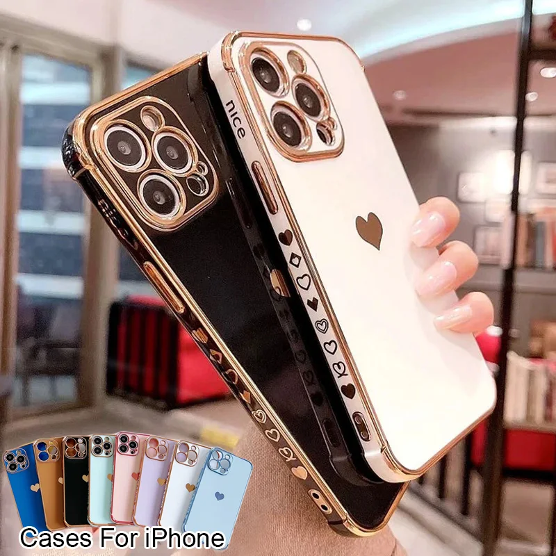 Sbaf8102aa87f48ab8e3cad6fd8c2a11fD.webp Electroplating Side Love Heart Phone Case For IPhone 17 16 15 14 13 12 11 Pro Max XR 8 Plus SE2/SE3 Shockproof Back Cover