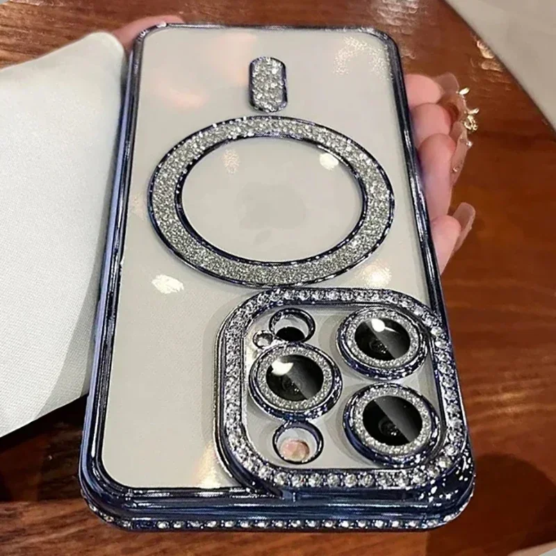 Sbb5dc2b3b09e46b081cd16f74b4a97fdp.webp New Fashion Glitter Diamond Transparent Case For iPhone 16 15 14 13 11 12 17 Pro Max Plus Magnetic Wireless Charge Bumper Cover
