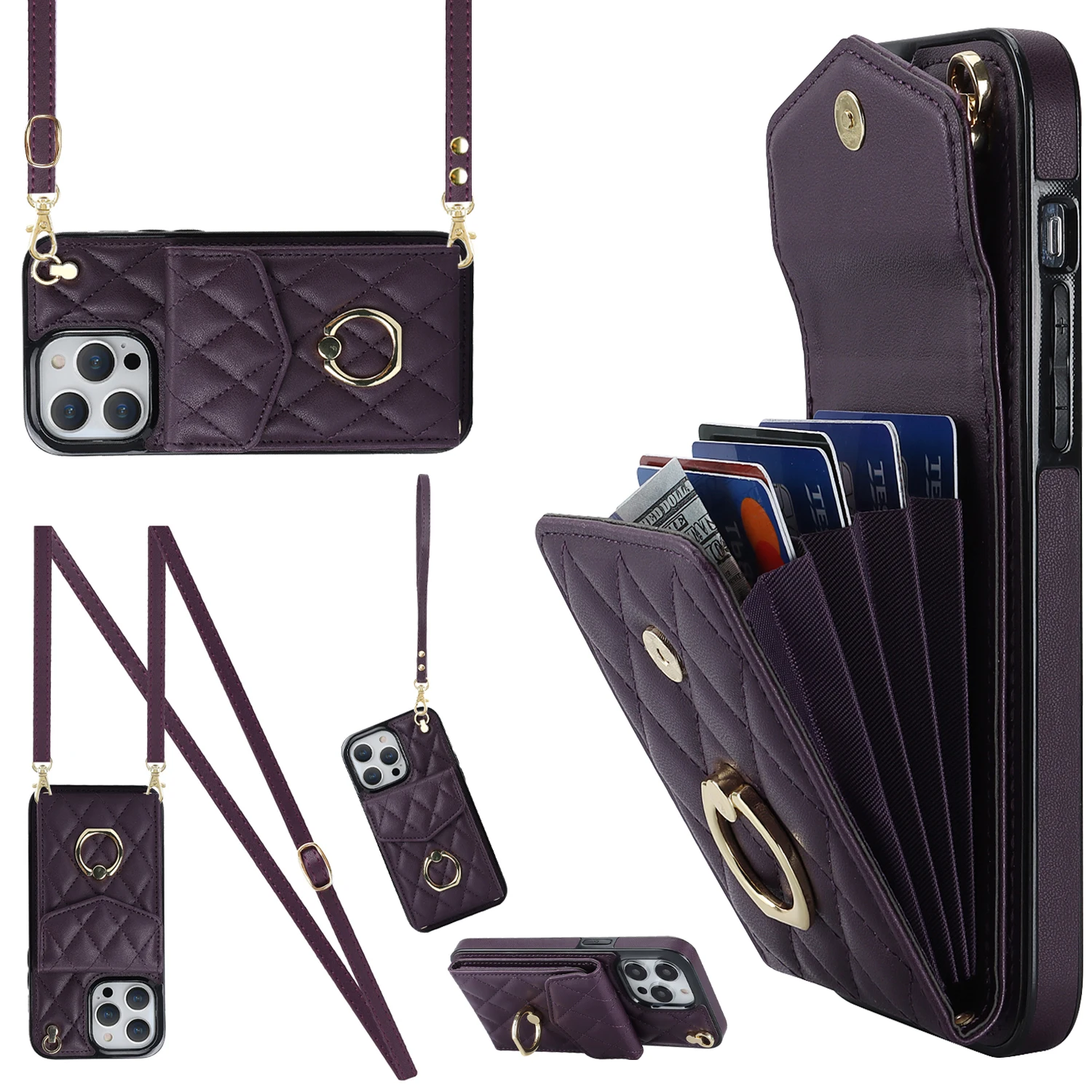 Sbbc820f2dc194d55bf8a66065d6f74b8H-2.webp Crossbody Lanyard Ring Holder Leather Case for iPhone 13 14 15 16 E 17 Pro Max 17 Air 16 Plus 12 11 Multi Card Slot Wallet Cover