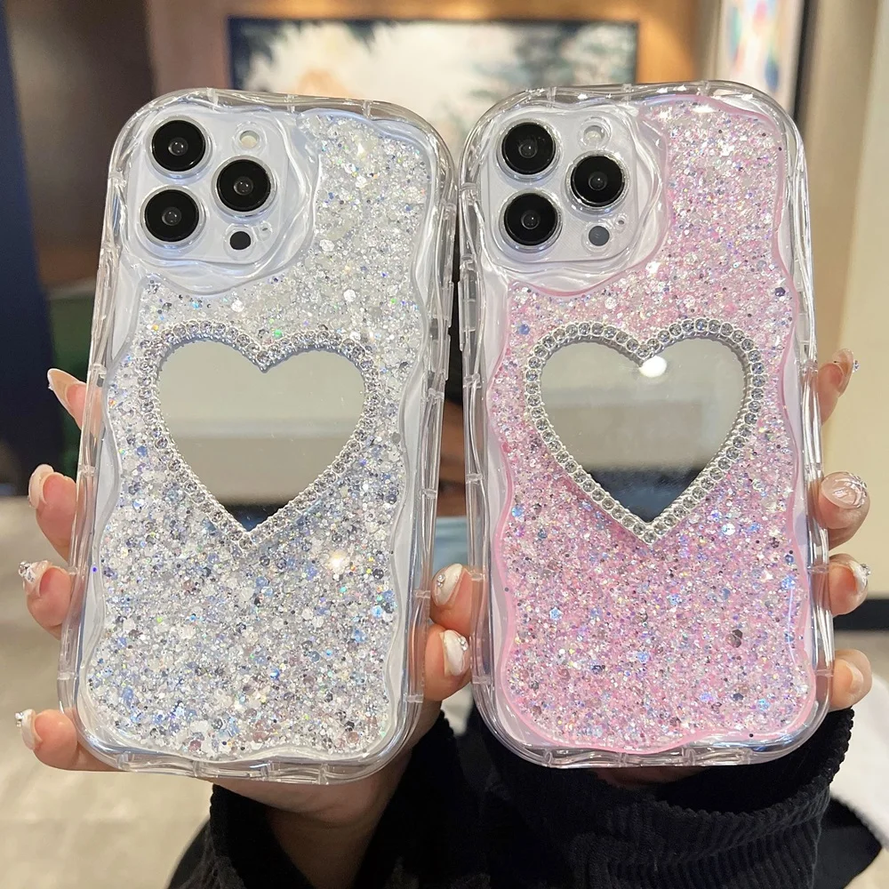 Luxury 3D Love Heart Mirror Glitter Sequins Phone Case For iPhone 17 16 14 15 13 12 11 Pro Max Plus Lens Protection Bumper Cover