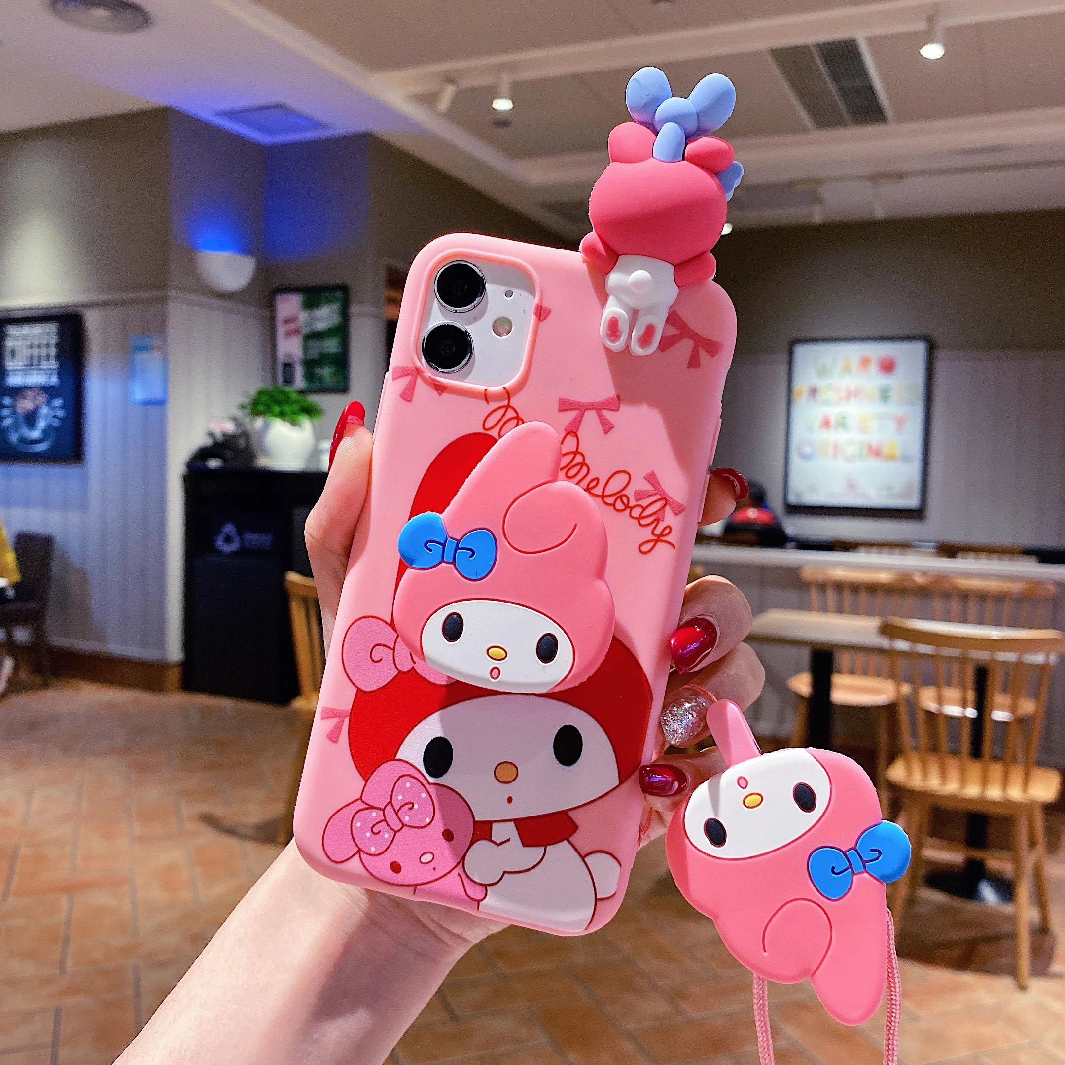 Cute Cartoon Cat Case With Rope For iPhone 16 15 14 13 12 11 Pro Max mini Plus
