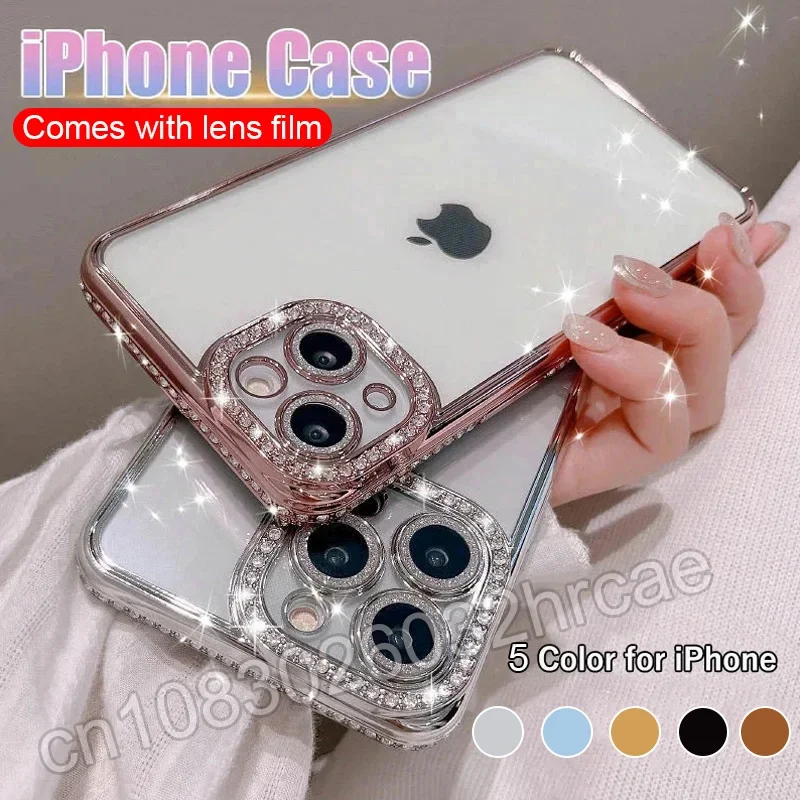 Sbe59060e7b82451eaf0bd69ceb7aee8ay-1.webp Comes With Lens Film Plating Flash Diamond Silicone Phone Case For IPhone 17 16 15 14 13 12 11 Pro Max Rhinestone Cover