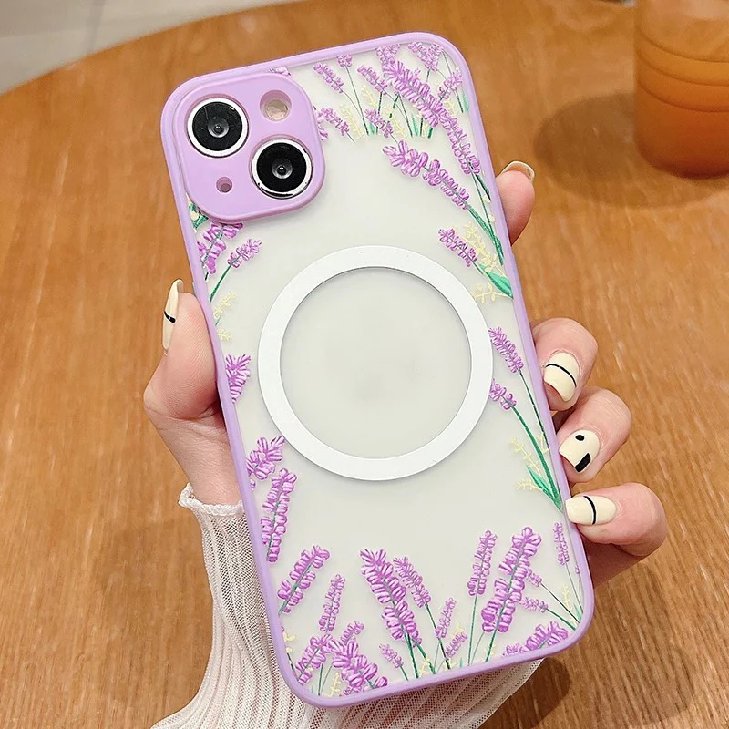 Sbf3a33a3c79b4028bd3aa94bacefb56f3.webp Flower Pattern Case For iPhone 17 16 13 15 Pro Max 14 12 Pro 11 Air Shockproof For Magsafe Charging Iron Ring Matte Phone Cover