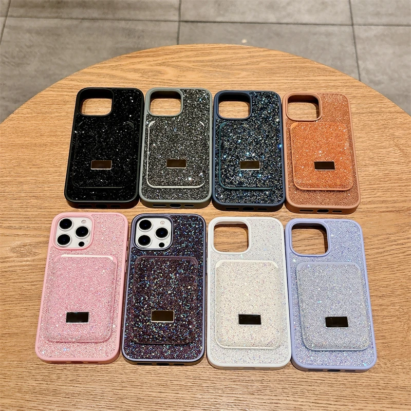 Luxury Flash Diamond Magnetic Card Case Phone Case For iPhone 17 16 15 14 13 12 Pro Max Plus Wireless Charging Shockproof Cover