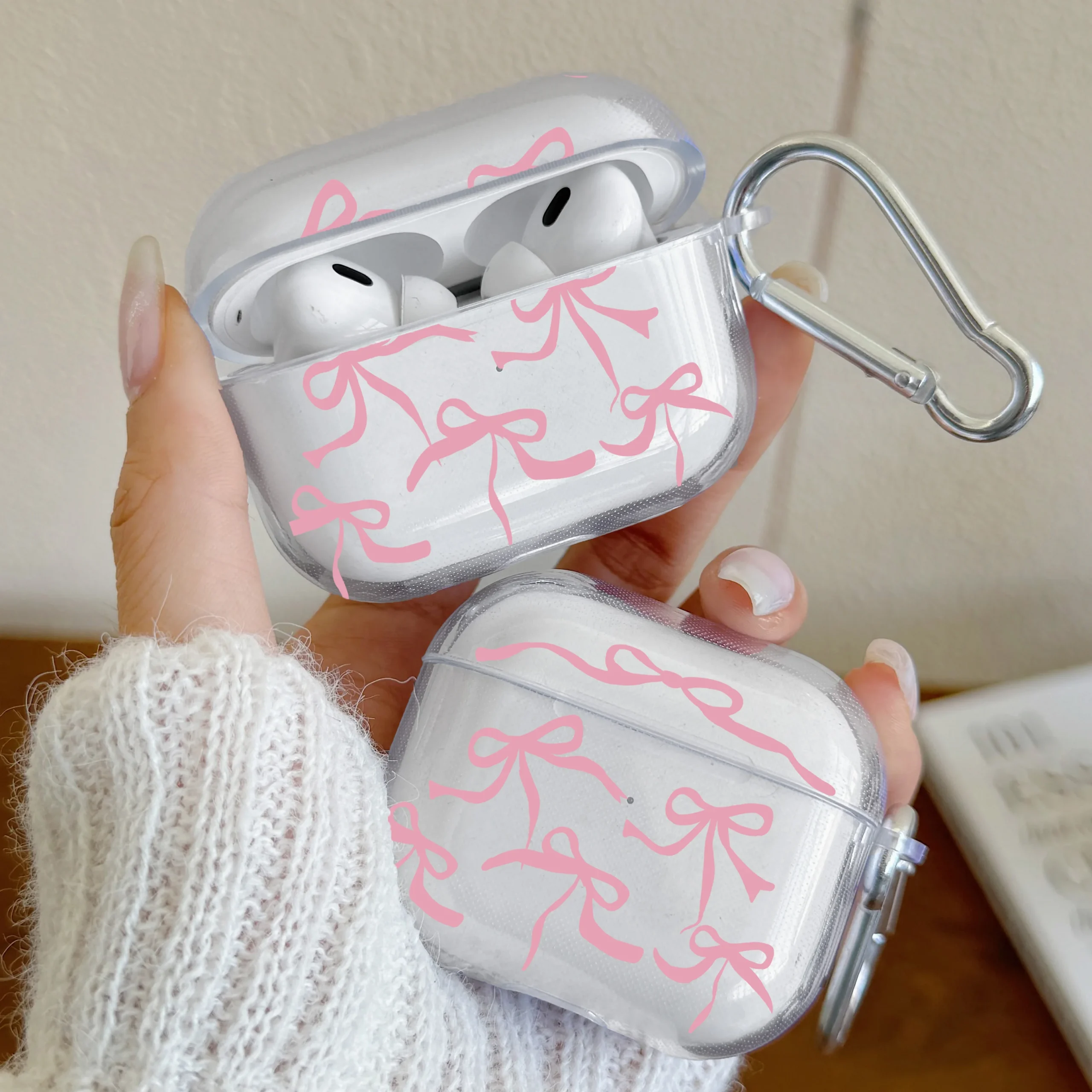 Pink Bow Designed Case For AirPods 4 3 1 2 Gen Earphone Protecitve Case For AirPods Pro2, Pro3,Pro Cover with Keychain Accessory