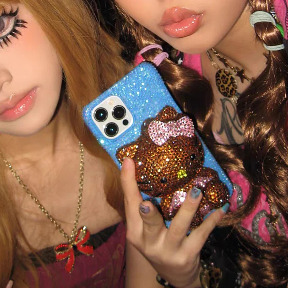 Hot Cute Kitty Cat Rhinestone Crystal Phone Case Chain For iPhone17 Air 16 12 13 14 15Pro Max X Xs XR 7 8 Plus SE Transparent Bu
