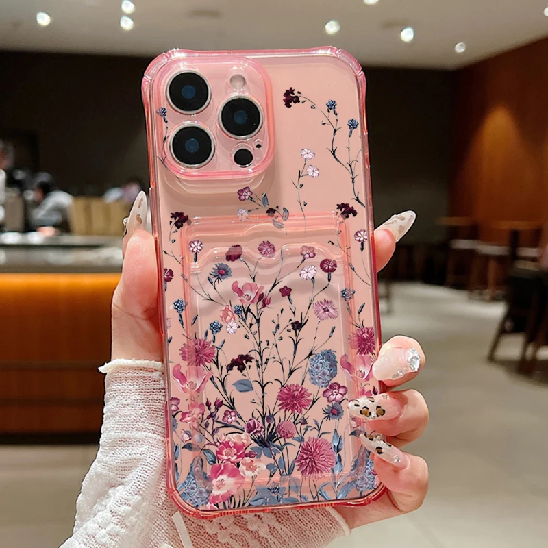 Sc4c4006c4dcc406298722ef9bed5679eX.webp Clear Flowers Patterned Card Holder Phone Case For iPhone 17 Air 16 15 14 13 Pro Max 15 16 17 Pro 16e 12 11 Soft Card Bag Cover