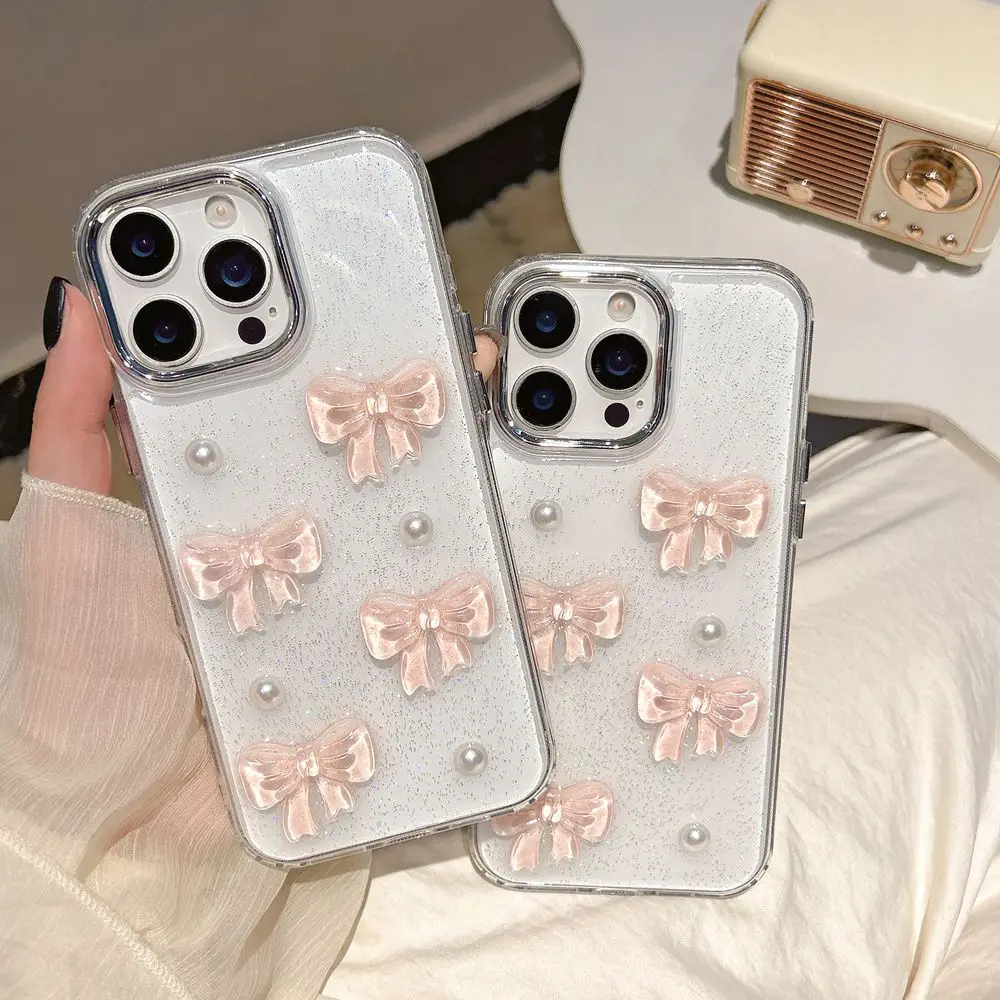 Cute 3D Pink Bowknot Pearl Clear Phone Case For iPhone 16 15 14 13 12 11 Pro Max 16 Plus Shockproof Transparent Cover