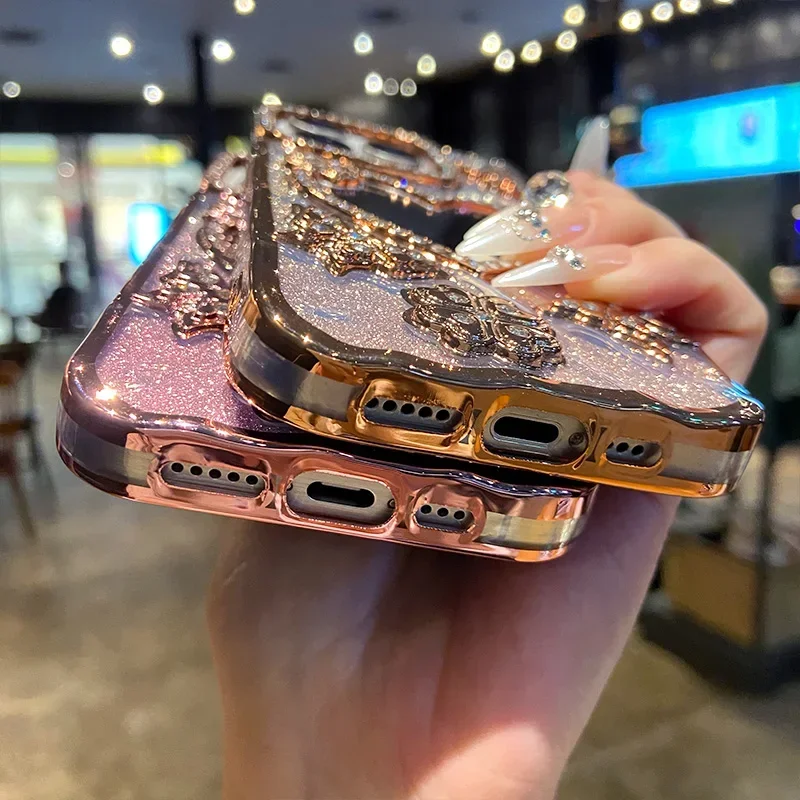 Gradient Glitter Butterfly Case for iPhone 17 16 15 14 13 12 11 Pro Max Love Heart Make-up Mirror Diamond Lens Shockproof Cover