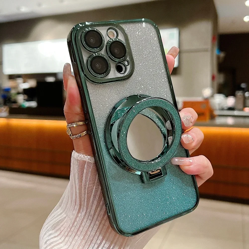 Glitter Diamond for Magsafe Bracket Case for iPhone 15 14 13 16 17 Pro Max Air 16 Plus 11 12 Xr Xs Ring Holder Gradient Cover