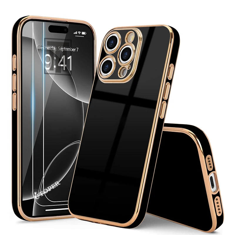 Golden Border Plating Solid Color Silicone Soft Case for iPhone 16 15 14 11 12 13 Pro Max 16 Plus Gloss Fashion Protect Cover