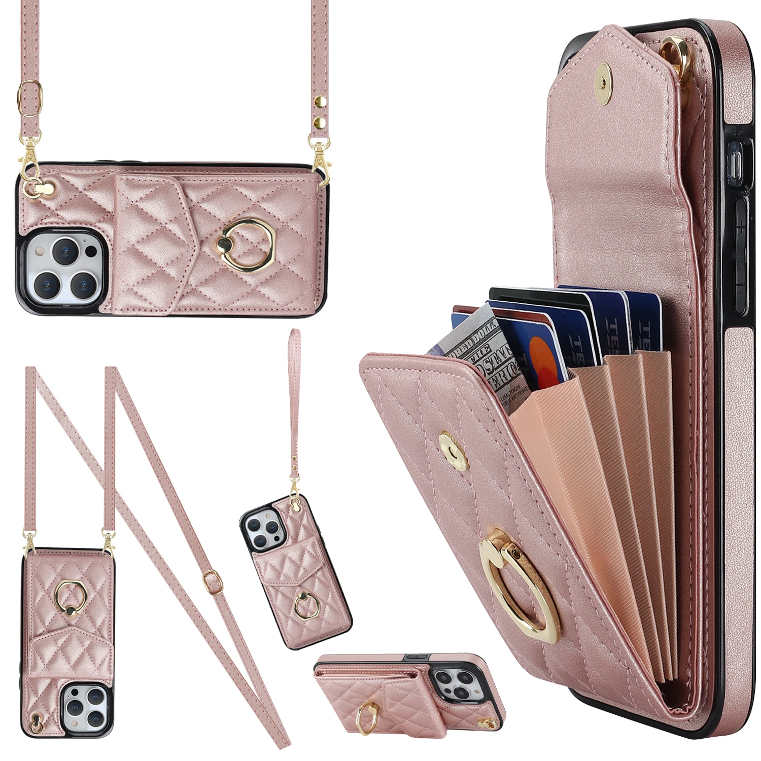 Crossbody Lanyard Ring Holder Leather Case for iPhone 13 14 15 16 E 17 Pro Max 17 Air 16 Plus 12 11 Multi Card Slot Wallet Cover