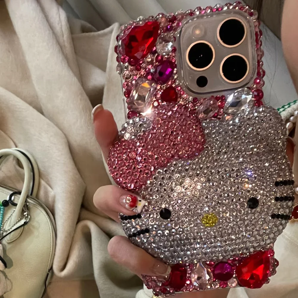 Cute Kitty Cat Rhinestone Bling Crystal Phone Case Chain For iPhone 16 12 13 14 15Pro Max X Xs XR 7 8 Plus SE 2 3 10 Transparent Bu