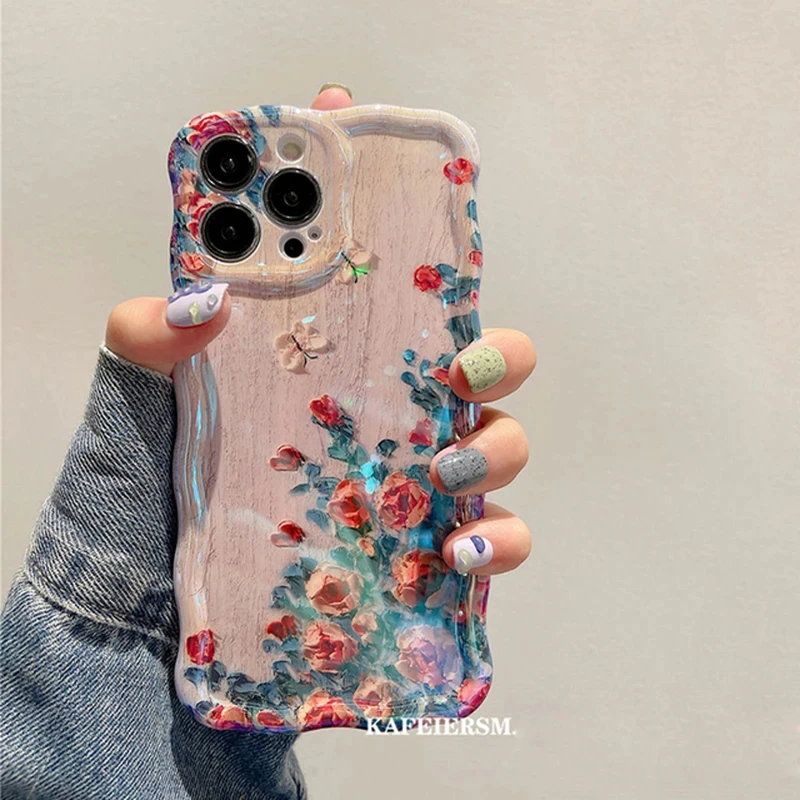 Luxury Laser Blue Light Flowers Phone Case For iPhone 17 Air 16 Pro Max 15 14 13 12 11 Plus Fashion Retro Shockproof Cover