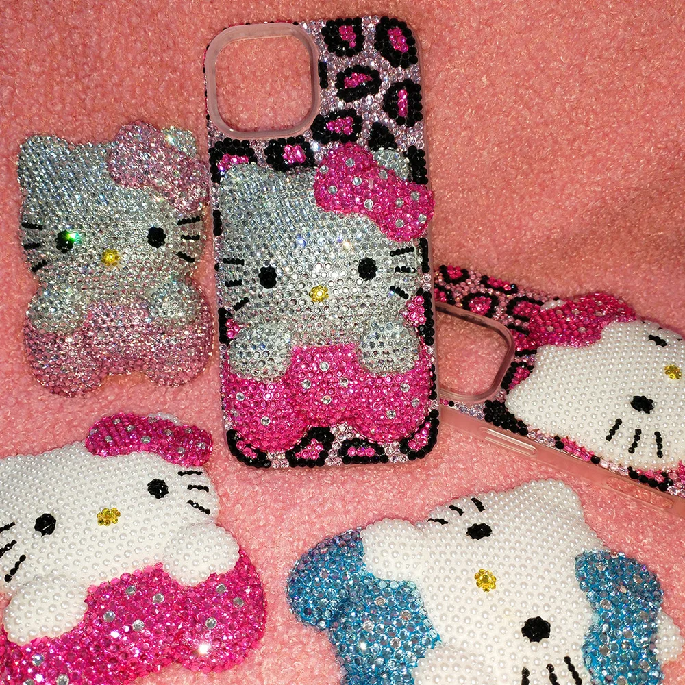 Kitty Cartoon Cat Rhinestone Bling Crystal Phone Case Chain For iPhone17 16 15 14 13 12 11Pro Max XR 7 8 Plus SE Mini Transparent