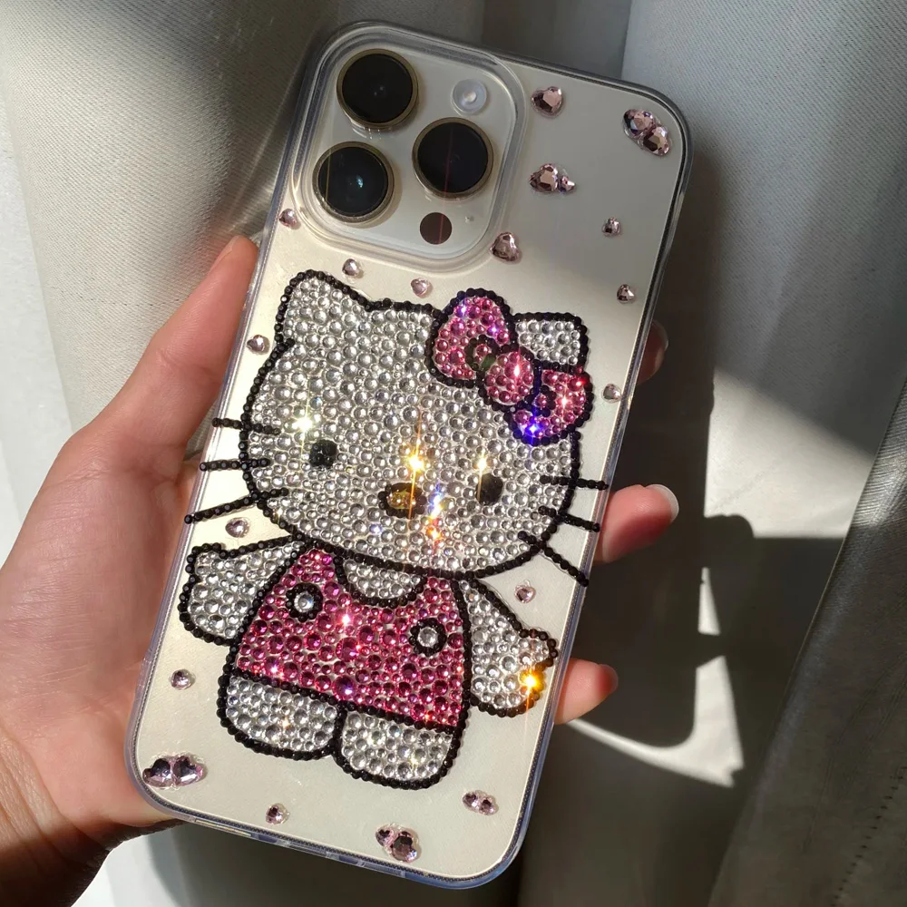 Cute Kitty Cat Rhinestone Bling Crystal Phone Case Chain For iPhone 16 12 13 14 15Pro Max X Xs XR 7 8 Plus SE 2 3 10 Transparent Bu