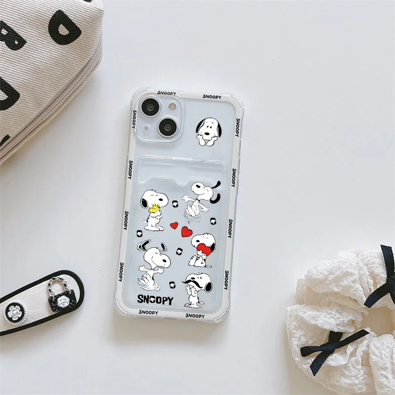 Funny Snoo Card Bag Phone Case For IPhone 16 15 14 13 12 17 Pro Max Mini Plus 16E 17 AIR Wallet Soft Clear Cute Cartoon Cover