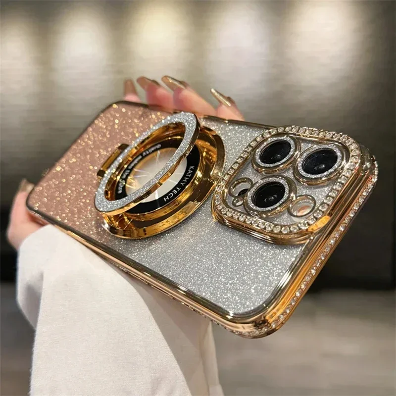 Luxury Plating For Magsafe Magnetic Stand Holder Glitter Diamond Case For iPhone 17 16 15 11 12 13 14 17 Pro Max Silicone Cover