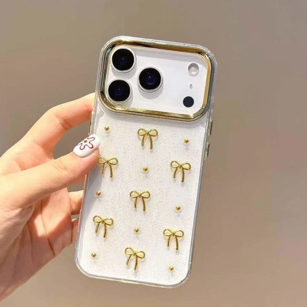 Sca301bb6b6ec4f2da69bf5b1f7f13414v.webp Cute 3D Golden Bowknot Transparent Case For iPhone 17 Air 11 12 13 14 16 Pro Max 15 Plus Girl's Epoxy Shell Clear Slim Cover