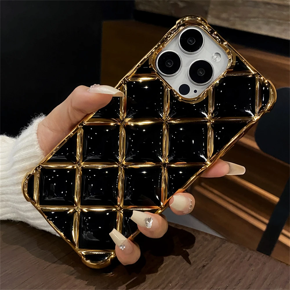 Luxury Plating Diamond Lattice Grid Shockproof Phone Case for iPhone 17 16 14 11 12 13 15 Pro Max Silicone Plated Gold Cover