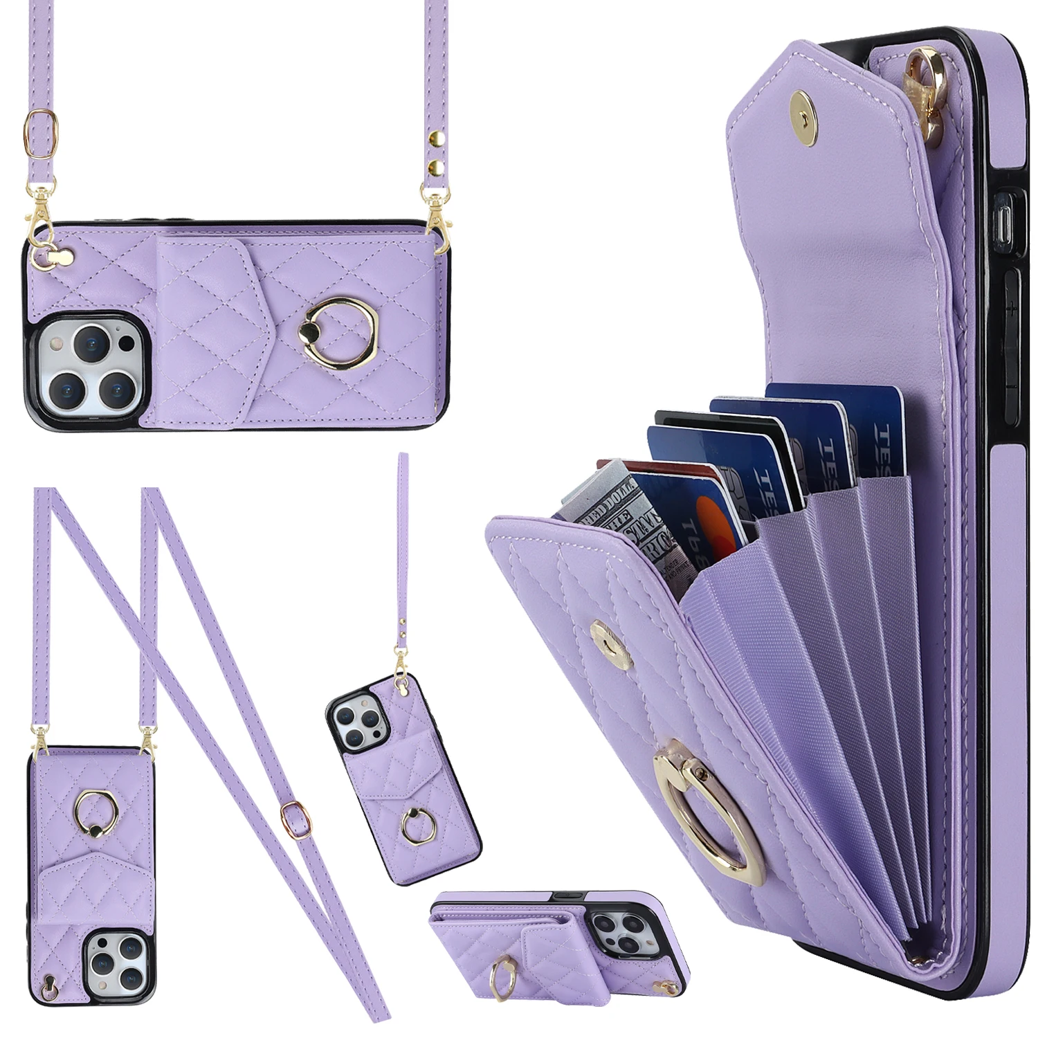 Scb92bf53cc514b749258e758b1d822b8K-2.webp Crossbody Lanyard Ring Holder Leather Case for iPhone 13 14 15 16 E 17 Pro Max 17 Air 16 Plus 12 11 Multi Card Slot Wallet Cover