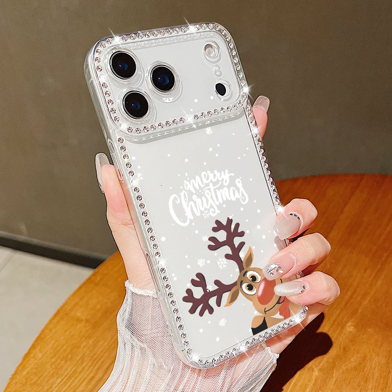 Scc9492b30b1b454695e9ae6faa215c59a.webp For iPhone 17 Pro Max Case Christmas Elk Santa Claus Diamond Cover For iPhone 13 14 15 12 11 16e 17 Air Funda iPhone 16 Pro Max