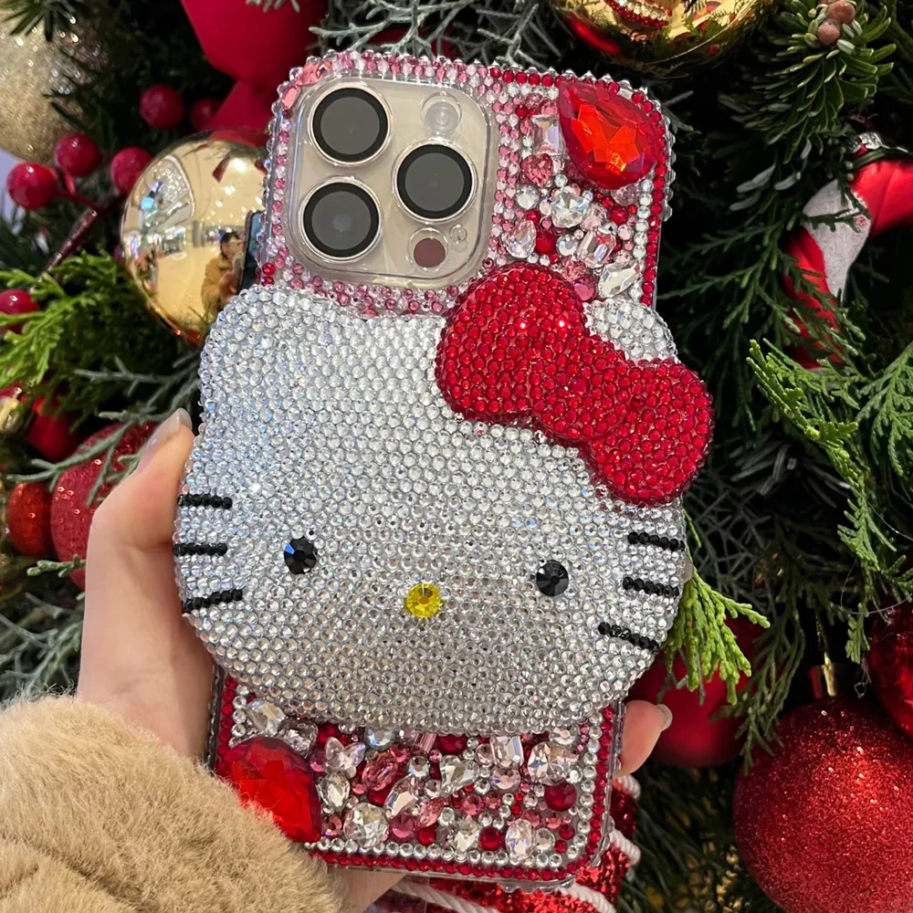 Cute Kitty Cat Rhinestone Bling Crystal Phone Case Chain For iPhone 16 12 13 14 15Pro Max X Xs XR 7 8 Plus SE 2 3 10 Transparent Bu