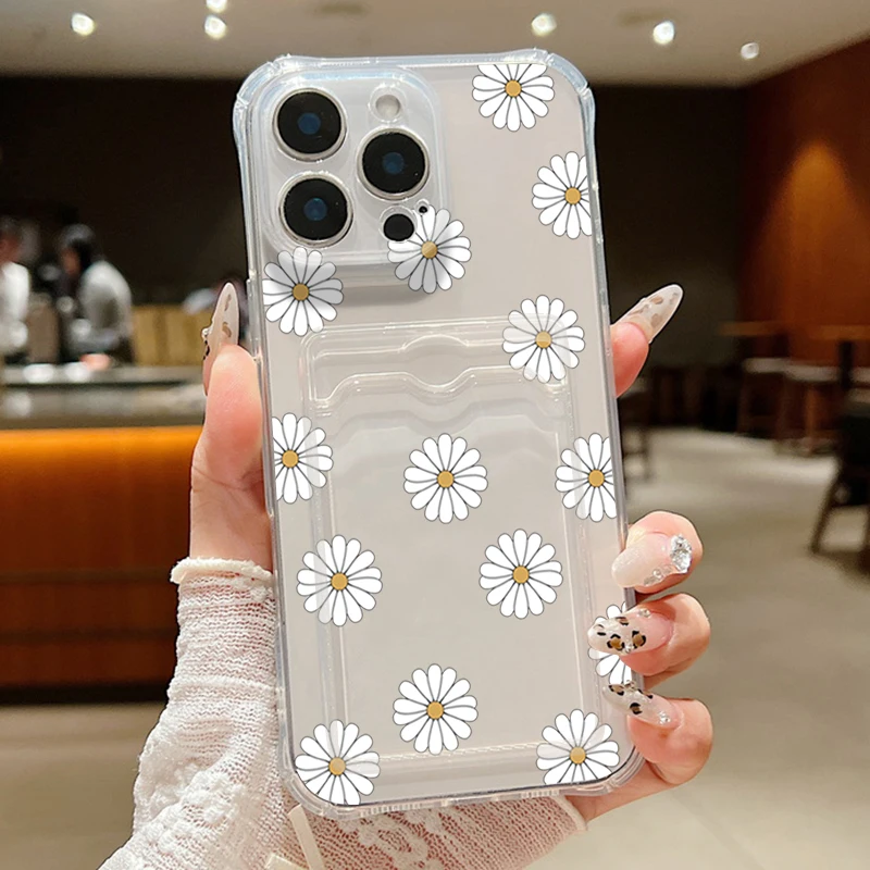 Sce231b7163904e508fb76f25c3552d6fZ.webp Clear Flowers Patterned Card Holder Phone Case For iPhone 17 Air 16 15 14 13 Pro Max 15 16 17 Pro 16e 12 11 Soft Card Bag Cover