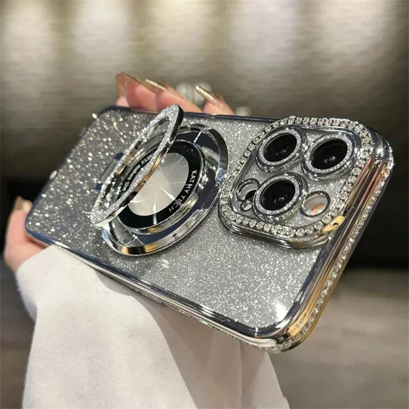 Sce85500b62814bd093a5e24afc3bea1dp.webp Luxury Plating For Magsafe Magnetic Stand Holder Glitter Diamond Case For iPhone 17 16 15 11 12 13 14 17 Pro Max Silicone Cover