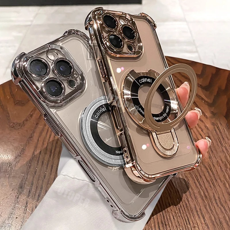 Luxury Shockproof Plating Soft TPU Bracket Case for iPhone 17 Air 16 15 14 13 11 12 Pro Max Plus Magsafe Magnetic Protect Cover