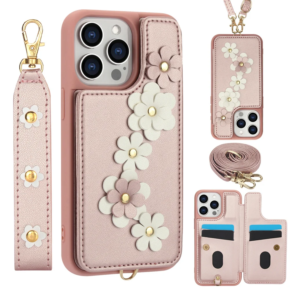 Sd0a1b6d6dd3e4a91b821b10fb0f41146C.webp 3IN1 Crossbody Rope Wrist Strap Flowers Leather Wallet Phone Case For iPhone 17 15 11 12 13 14 16 Pro Max Air X S 7 8 Plus Cover