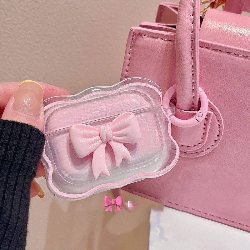 3D Pink Bow Earphone Case For AirPods 4 3 2 1 Pro 2 TPU Cover Floral Girls Coque For AirPods Pro2 Pro 2 2nd 4th Cases With Hook