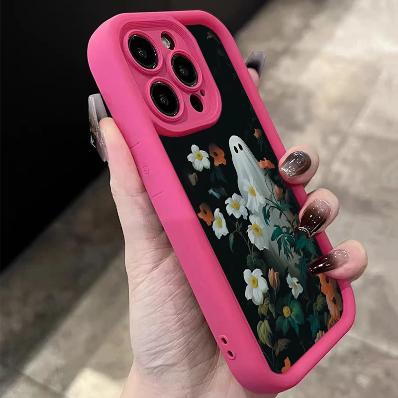 Halloween White Ghost Among Flowers Pattern Silicone Phone Case For iPhone 17 Pro Max XS XR X 16 11 13 12 14 15 8 Plus 16E Cover