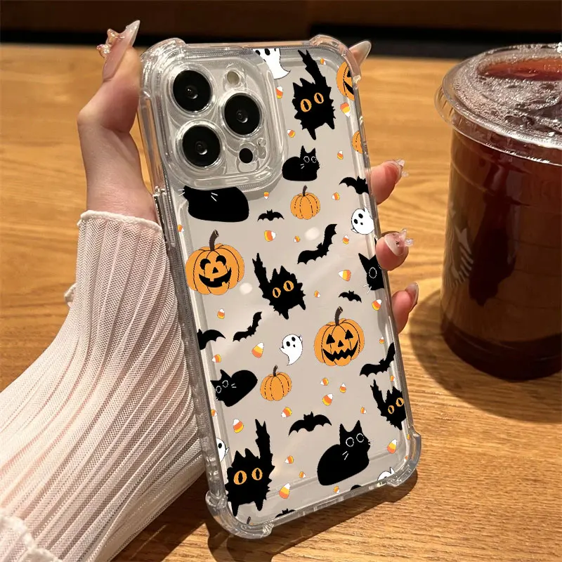 Happy Halloween Cat Pumpkin Bat Phone Case Clear For iPhone 17 16 14 15 11 12 13 Pro Max 16E 16 Plus 17Air Soft Shockproof Cover