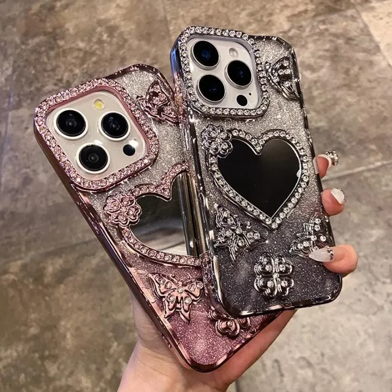 Gradient Glitter Butterfly Case for iPhone 17 16 15 14 13 12 11 Pro Max Love Heart Make-up Mirror Diamond Lens Shockproof Cover