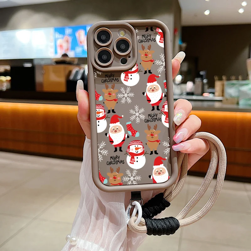 Christmas Pattern Lanyard Rope Phone Case For iPhone 16 15 14 13 12 11 Pro Max X XS XR 7 8 Plus Shockproof Soft Silicone Cover