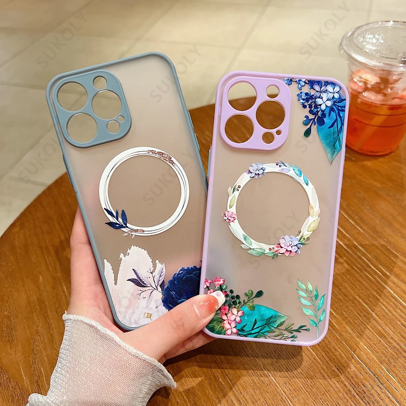 Sd3367137f3ad4b7389230ba0472431bc6.webp Flower Pattern Case For iPhone 17 16 13 15 Pro Max 14 12 Pro 11 Air Shockproof For Magsafe Charging Iron Ring Matte Phone Cover