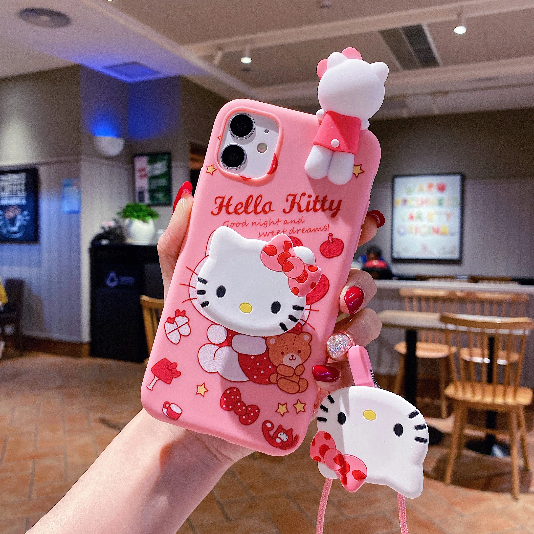 Cute Cartoon Cat Case With Rope For iPhone 16 15 14 13 12 11 Pro Max mini Plus