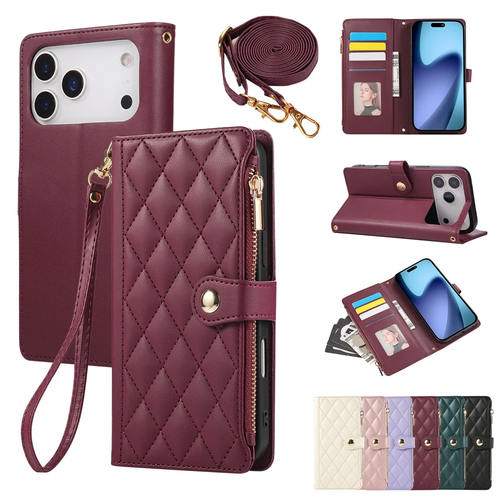 Sd55a86582ed54793bef7de7c0695fa0bw.webp PU Leather Card Holder Wallet Phone Case with Crossbody & Wrist Strap for iPhone 16E 17 Ari 16 15 14 13 12 11 Pro Max XS 8 Plus