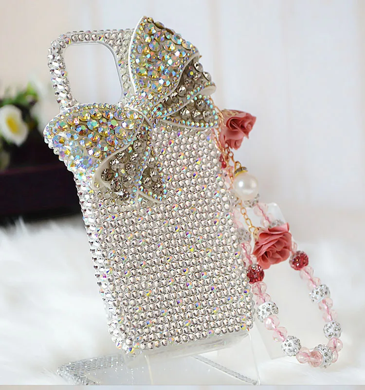 Cute Crystal Diamond Bow Strap Phone Case For iPhone 16 15 13 14 17 Pro Plus Samsung Galaxy S24 S22 S25 S21 S23 FE Ultra Note 20
