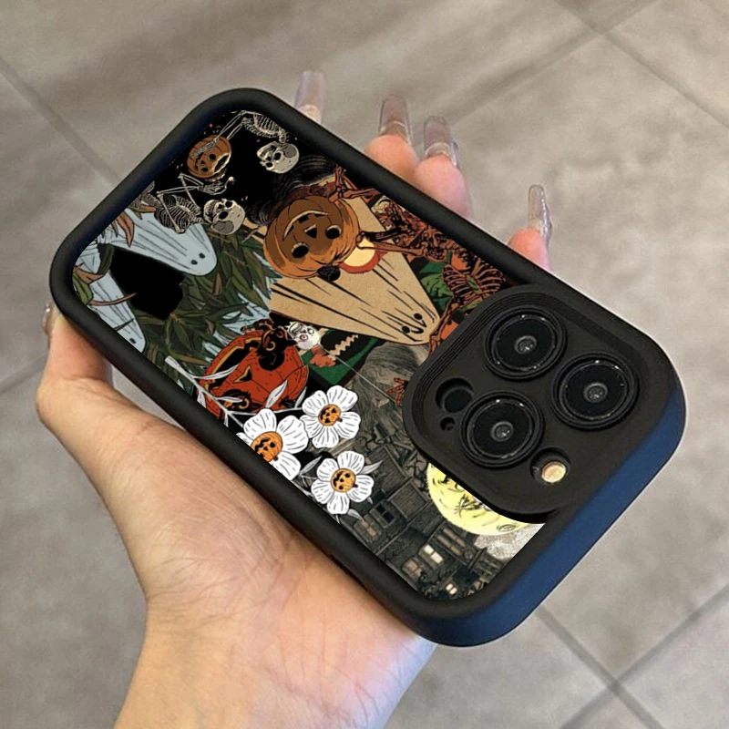 Halloween White Ghost Among Flowers Pattern Silicone Phone Case For iPhone 17 Pro Max XS XR X 16 11 13 12 14 15 8 Plus 16E Cover