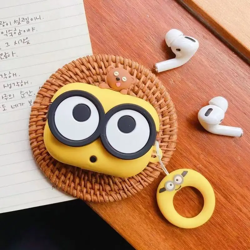 3D Cartoon Big Eyes with Bear Toy for AirPod Pro 2 Case, Yellow Protective Earphone Silicone Cover for AirPod 1/2/3 Kids Boys Girls