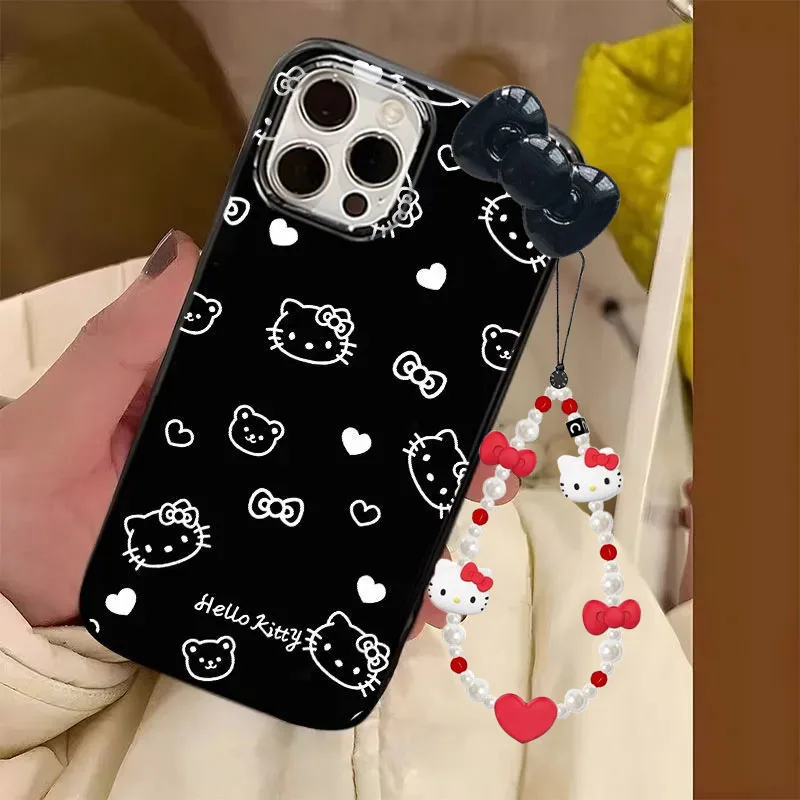 Full Screen Cute Kitty Cartoon Cat Bow Cute KT Bear Phone Case For iPhone 16 15 14 13 12 11 Pro Max XR XS MAX 7 8 Plus MINI Y2K Black Cover