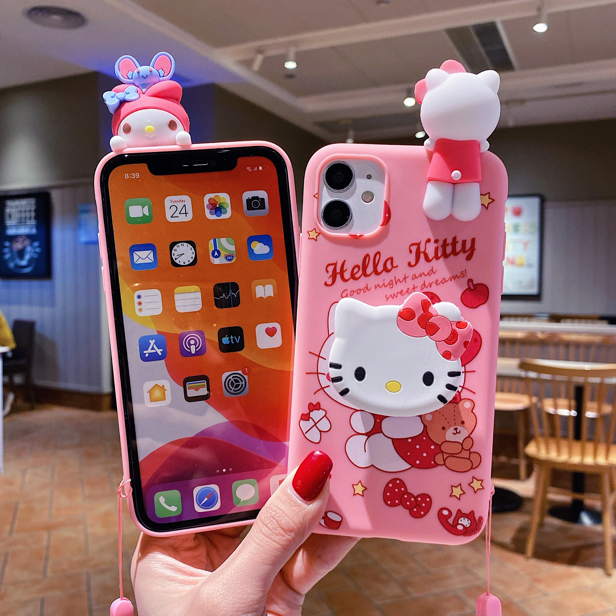 Cute Cartoon Cat Case With Rope For iPhone 16 15 14 13 12 11 Pro Max mini Plus