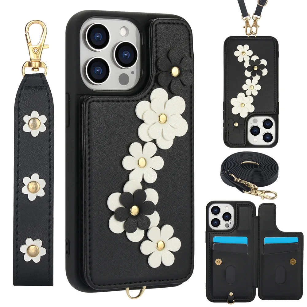 Sd954c36d0c594c0894bb935673571441V.webp 3IN1 Crossbody Rope Wrist Strap Flowers Leather Wallet Phone Case For iPhone 17 15 11 12 13 14 16 Pro Max Air X S 7 8 Plus Cover