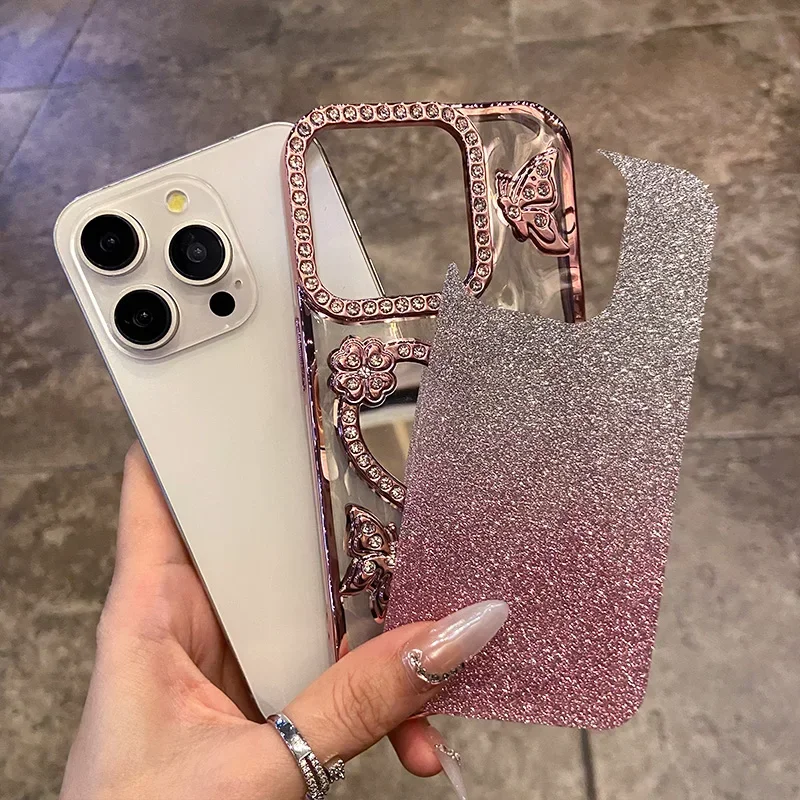 Gradient Glitter Butterfly Case for iPhone 17 16 15 14 13 12 11 Pro Max Love Heart Make-up Mirror Diamond Lens Shockproof Cover