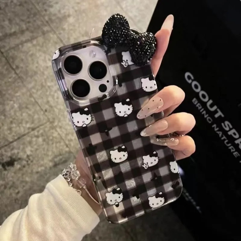 Cut Kitty Cartoon Diamond Bowknot Lustre Lining Hard Phone Case for iPhone 16 15 Pro Max 14 Plus 13 Mini 12 11 X XS XR 7 8 SE