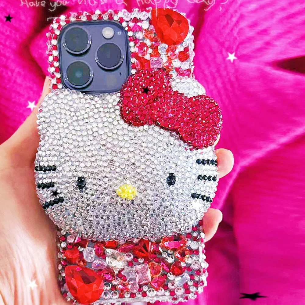 Cute Kitty Cat Rhinestone Bling Crystal Phone Case Chain For iPhone 16 12 13 14 15Pro Max X Xs XR 7 8 Plus SE 2 3 10 Transparent Bu